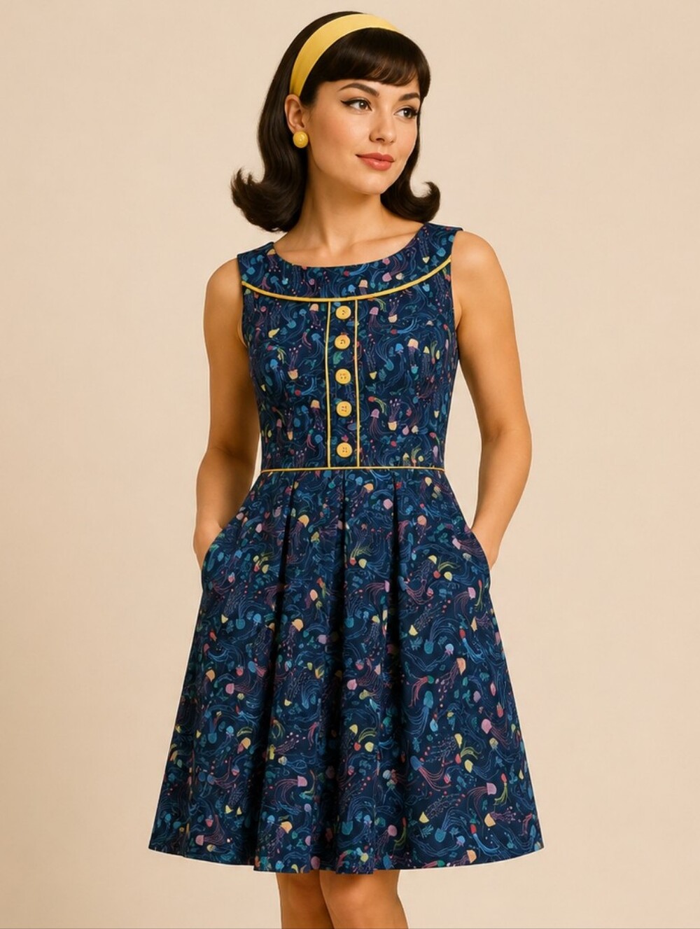 Retrolicious Jellyfish Elizabeth Modcloth Novelty Mod Cotton Mini Dress Size XS